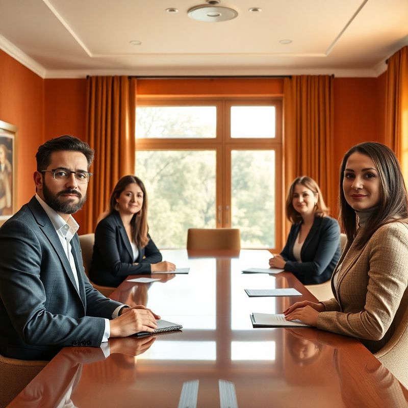Portret editorial al echipei de consultanță Nou Grup într-o sală cu pereți teracotă